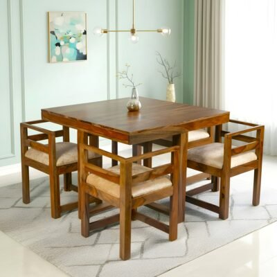 Ikiriya Kingston Sheesham Wood Accent 4 Seater Dining Table Set with Teak Finish & Beige Sparkle Velvet Cushioning