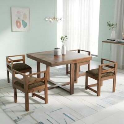 Ikiriya Kingston Sheesham Wood Accent 4 Seater Dining Table Set with Teak Finish & Green Sparkle Velvet Cushioning