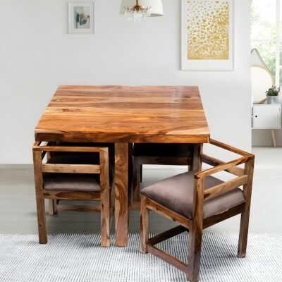 Ikiriya Kingston Sheesham Wood Accent 4 Seater Dining Table Set with Teak Finish & Cedar Brown Velvet Cushioning