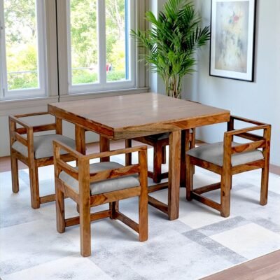 Ikiriya Kingston Sheesham Wood Accent 4 Seater Dining Table Set with Teak Finish & Iron Grey Velvet Cushioning