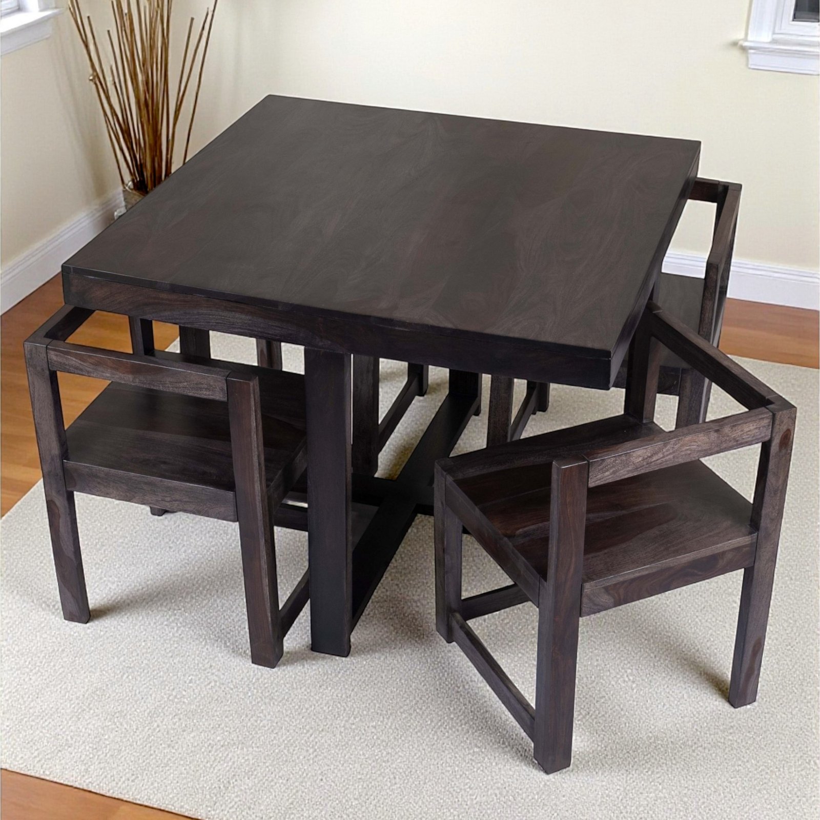 Ikiriya Kingston Sheesham Wood Accent 4 Seater Dining Table Set in Dark Mahagony Finish