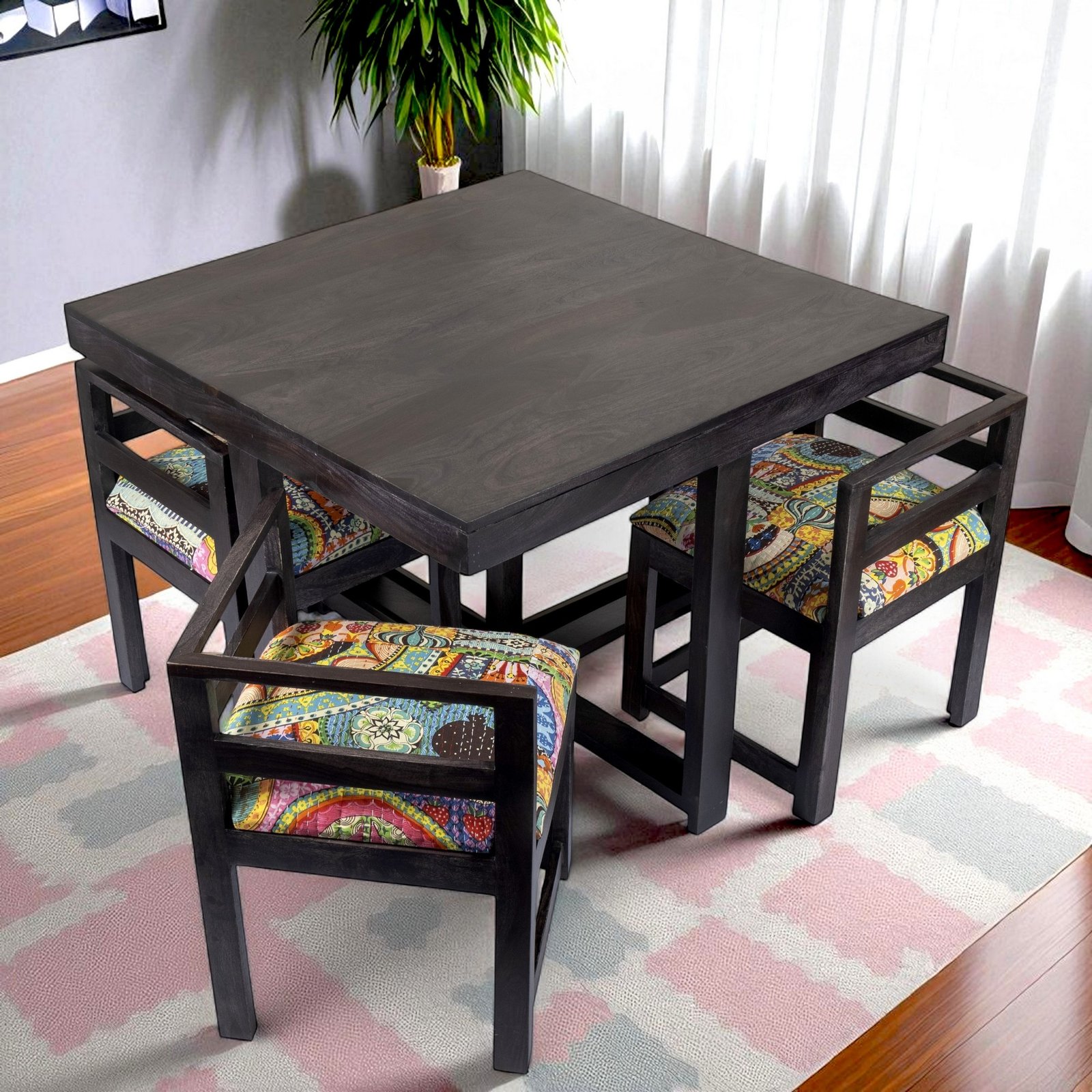 Ikiriya Kingston Sheesham Wood Accent 4 Seater Dining Table Set with Dark Mahagony Finish & Israel Print Patchwork Kantha Cushioning