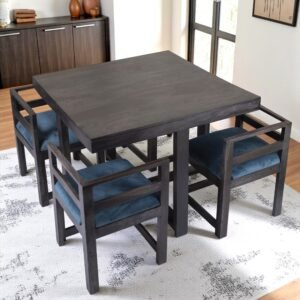 Ikiriya Kingston Sheesham Wood Accent 4 Seater Dining Table Set with Dark Mahagony Finish & Turquoise Sea Velvet Cushioning