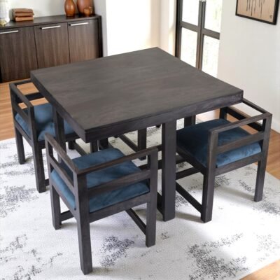 Ikiriya Kingston Sheesham Wood Accent 4 Seater Dining Table Set with Dark Mahagony Finish & Turquoise Sea Velvet Cushioning