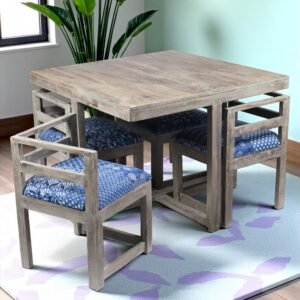 Ikiriya Kingston Sheesham Wood Mid Century 4 Seater Dining Table Set with Antique Grey Finish & indigo Patchwork Kantha Cushioning