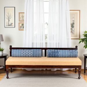 Ikiriya Daylesford Sheesham Wood Mid Century Diwan/ Couch in Dark Walnut Finish with 2 Masands (Cushions) in indigo Printed Kantha Fabric