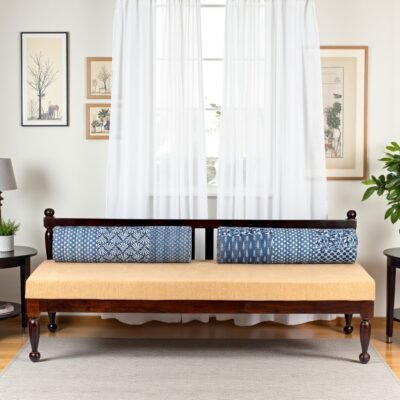 Ikiriya Daylesford Sheesham Wood Mid Century Diwan/ Couch in Dark Walnut Finish with 2 Masands (Cushions) in indigo Printed Kantha Fabric