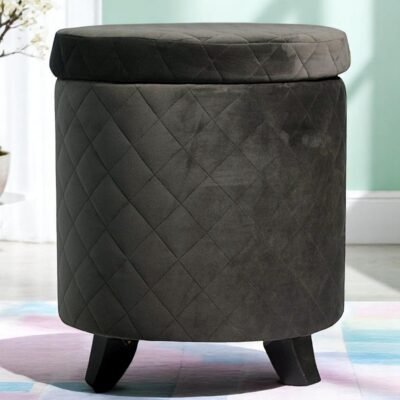 Ikiriya Orlando Solid Wood Accent Round Ottoman in Iron Grey Velvet Upholstery with Storage