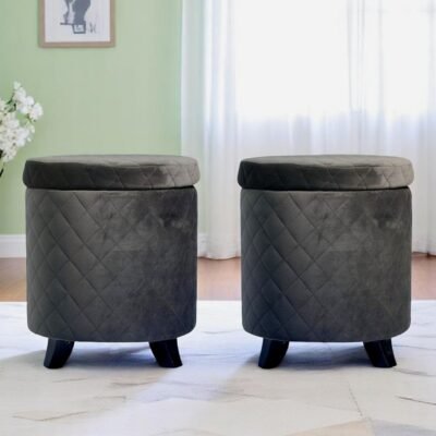 Ikiriya Orlando Solid Wood Accent Round Set of 2 Ottomans in Iron Grey Velvet Upholstery with Storage