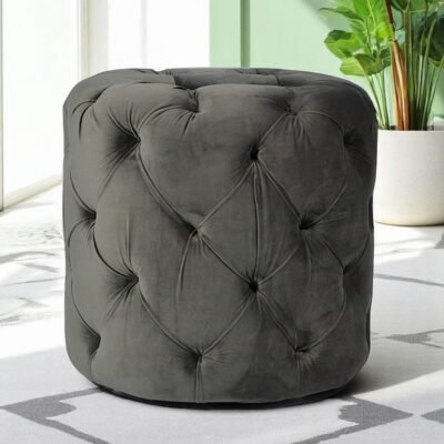 Ikiriya Dallas Solid Wood Accent Round Ottoman in Iron Grey Velvet Upholstery