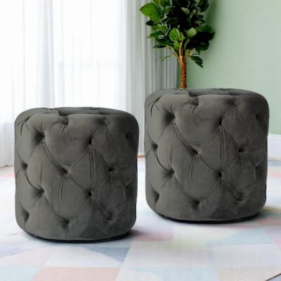 Ikiriya Dallas Solid Wood Accent Round Set of 2 Ottomans in Iron Grey Velvet Upholstery