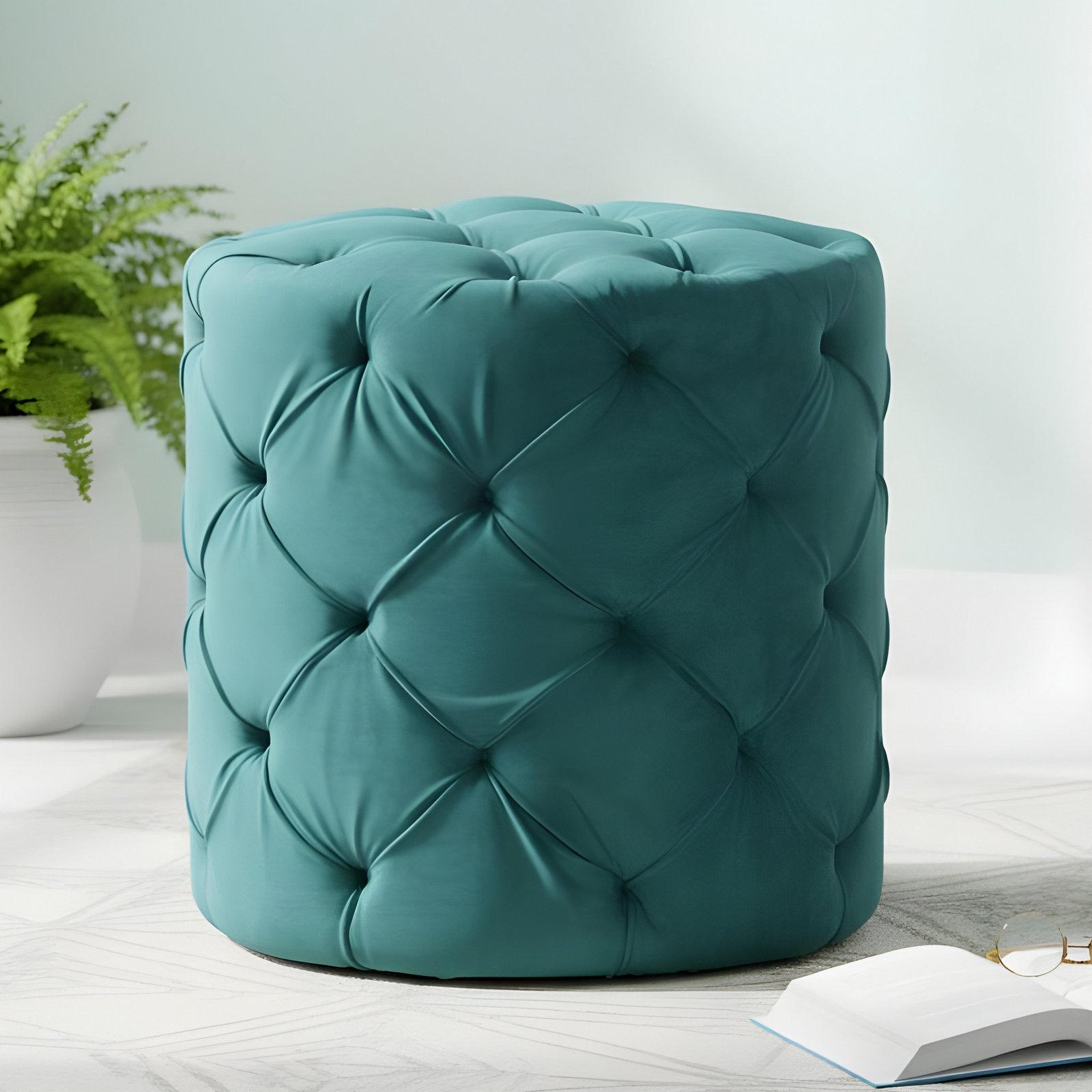 Ikiriya Dallas Solid Wood Accent Round Ottoman in Turquoise Sea Velvet Upholstery