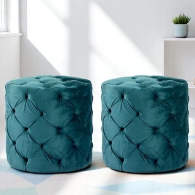 Ikiriya Dallas Solid Wood Accent Round Set of 2 Ottomans in Turquoise Sea Velvet Upholstery
