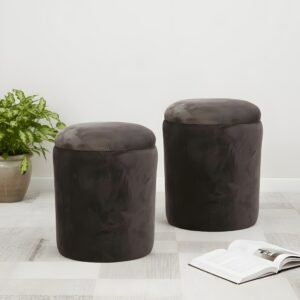 Ikiriya Wayne Solid Wood Accent Round Set of 2 Pouffees in Cedar Brown Velvet Upholstery
