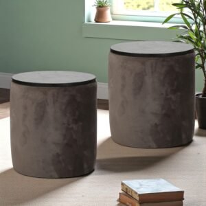Ikiriya Wayne Solid Wood Accent Round Set of 2 Pouffees in Cedar Brown Velvet Upholstery