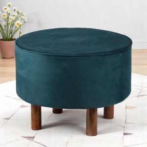 Ikiriya Rosslyn Solid Wood Accent Round Pouffee in Turquoise Sea Velvet Upholstery