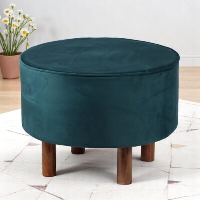 Ikiriya Rosslyn Solid Wood Accent Round Pouffee in Turquoise Sea Velvet Upholstery