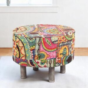 Ikiriya Rosslyn Solid Wood Bohemian Round Pouffee in Israel Print Patchwork Kantha Upholstery