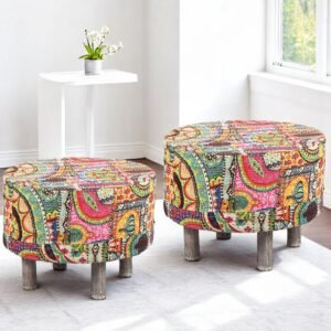 Ikiriya Rosslyn Solid Wood Bohemian Round Set of 2 Pouffees in Israel Print Patchwork Kantha Upholstery