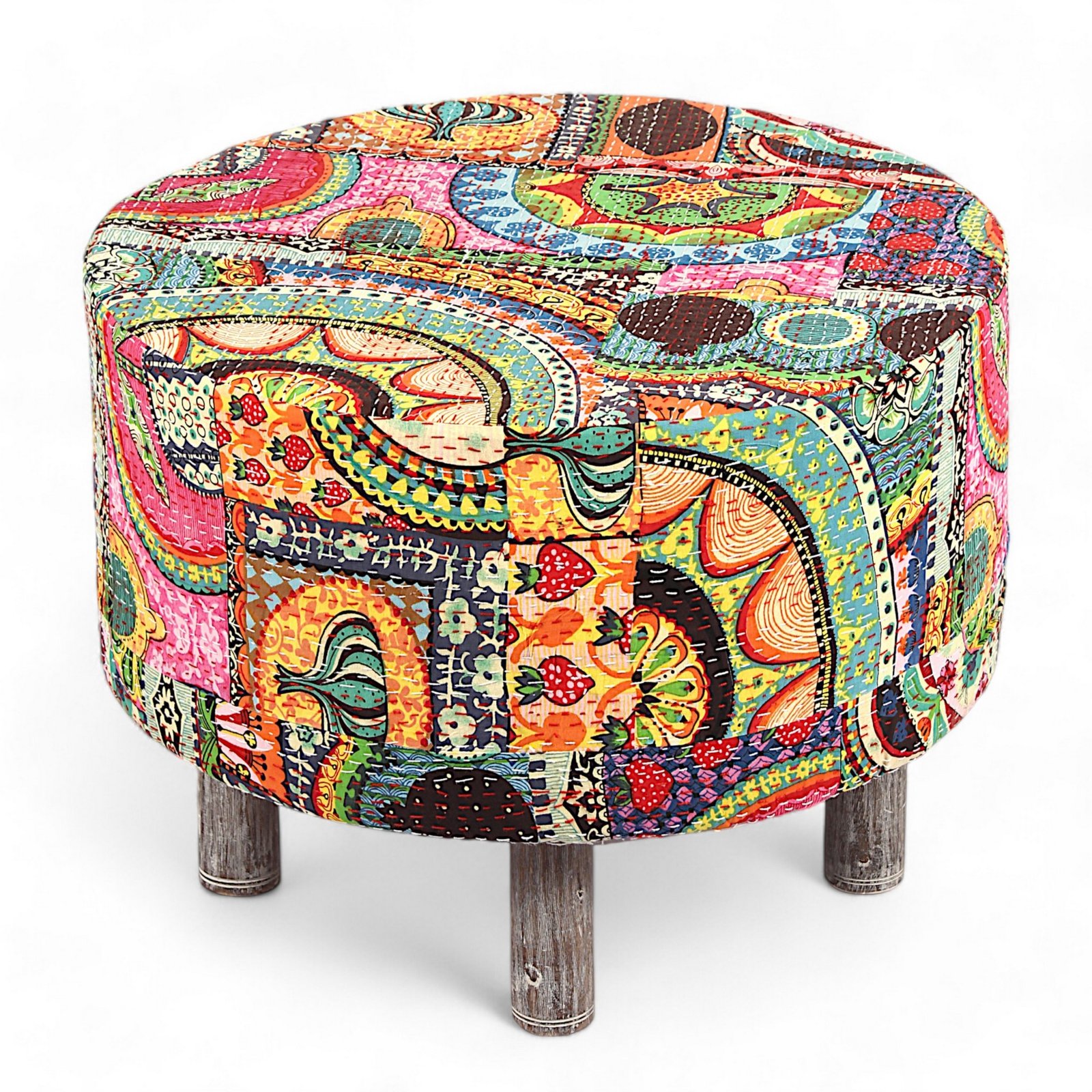 Ikiriya Rosslyn Solid Wood Bohemian Round Set of 2 Pouffees in Israel Print Patchwork Kantha Upholstery - Image 2
