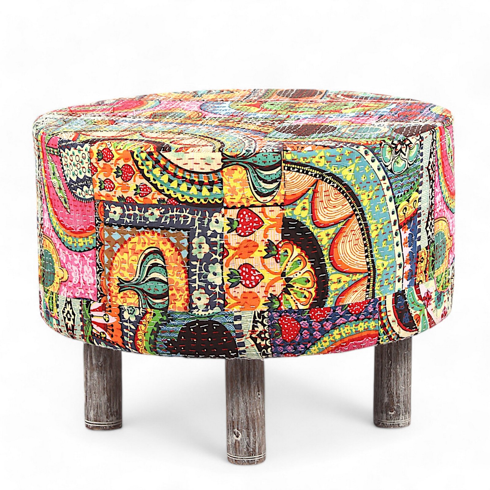 Ikiriya Rosslyn Solid Wood Bohemian Round Set of 2 Pouffees in Israel Print Patchwork Kantha Upholstery - Image 3