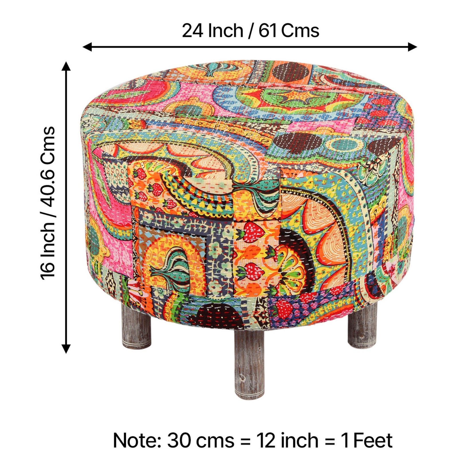 Ikiriya Rosslyn Solid Wood Bohemian Round Set of 2 Pouffees in Israel Print Patchwork Kantha Upholstery - Image 5