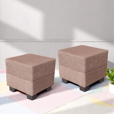 Ikiriya Iris Solid Wood Contemporary Square Set of 2 Pouffees in Jute Beige Upholstery