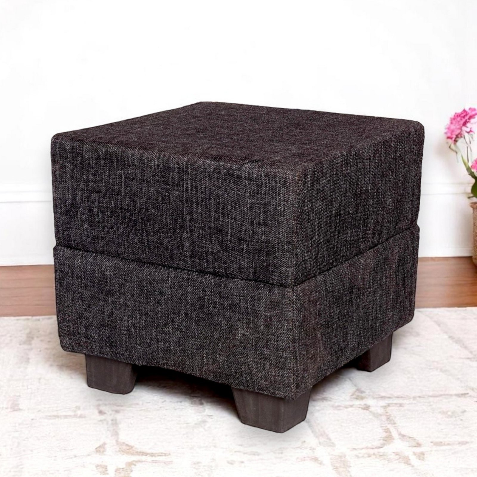 Ikiriya Iris Solid Wood Contemporary Square Pouffee in Jute Black Upholstery