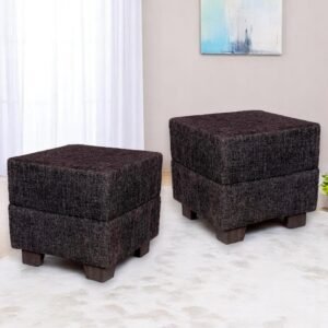 Ikiriya Iris Solid Wood Contemporary Square Set of 2 Pouffees in Jute Black Upholstery