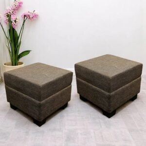 Ikiriya Iris Solid Wood Contemporary Square Set of 2 Pouffees in Jute Brown Upholstery