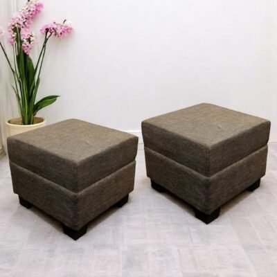 Ikiriya Iris Solid Wood Contemporary Square Set of 2 Pouffees in Jute Brown Upholstery