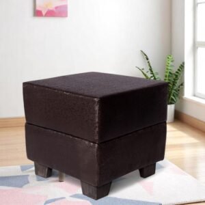 Ikiriya Iris Solid Wood Contemporary Square Pouffee in Brown Leatherite Upholstery