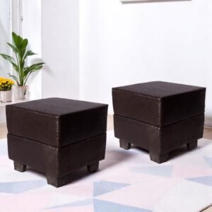 Ikiriya Iris Solid Wood Contemporary Square Set of 2 Pouffees in Brown Leatherite Upholstery