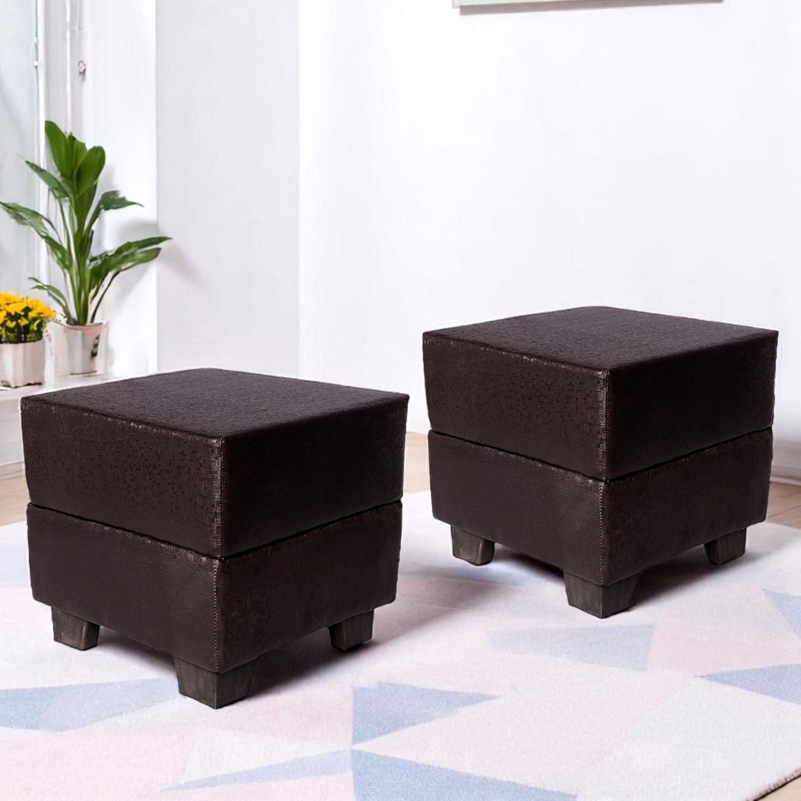 Ikiriya Iris Solid Wood Contemporary Square Set of 2 Pouffees in Brown Leatherite Upholstery
