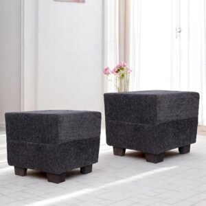 Ikiriya Iris Solid Wood Contemporary Square Set of 2 Pouffees in Anchor Grey Mossy Fabric Upholstery