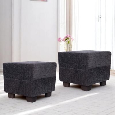 Ikiriya Iris Solid Wood Contemporary Square Set of 2 Pouffees in Anchor Grey Mossy Fabric Upholstery