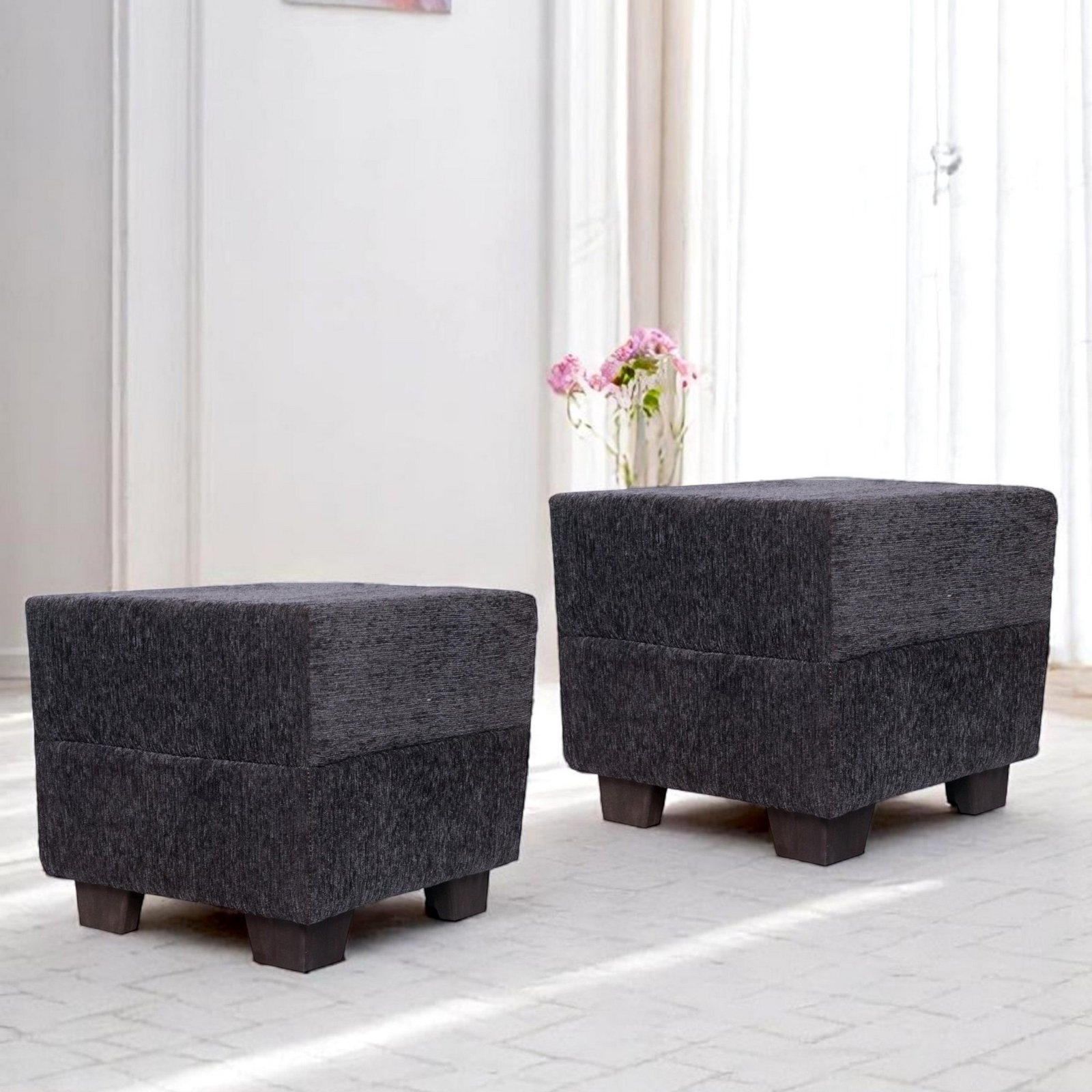 Ikiriya Iris Solid Wood Contemporary Square Set of 2 Pouffees in Anchor Grey Mossy Fabric Upholstery