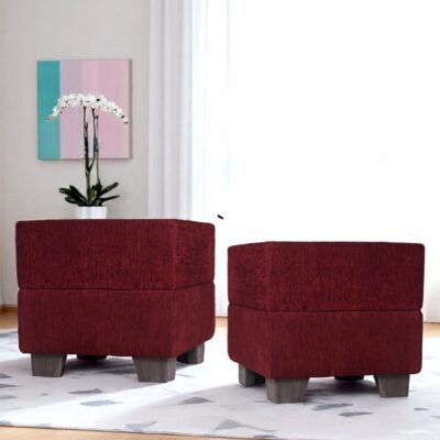 Ikiriya Iris Solid Wood Contemporary Square Set of 2 Pouffees in Maroon Mossy Fabric Upholstery