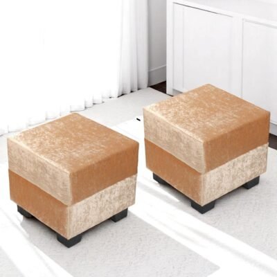 Ikiriya Iris Solid Wood Contemporary Square Set of 2 Pouffees in Beige Sparkle Velvet Upholstery