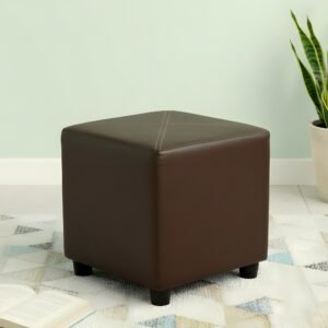 Ikiriya Asteria Solid Wood Contemporary Square Pouffee in Brown Leatherite Upholstery