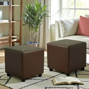 Ikiriya Asteria Solid Wood Contemporary Square Set of 2 Pouffees in Brown Leatherite Upholstery