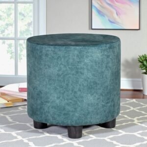 Ikiriya Lisbon Solid Wood Contemporary Round Pouffee in Blue Jacquard Work Fabric Upholstery