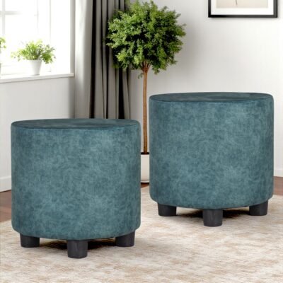 Ikiriya Lisbon Solid Wood Contemporary Round Set of 2 Pouffees in Blue Jacquard Work Fabric Upholstery