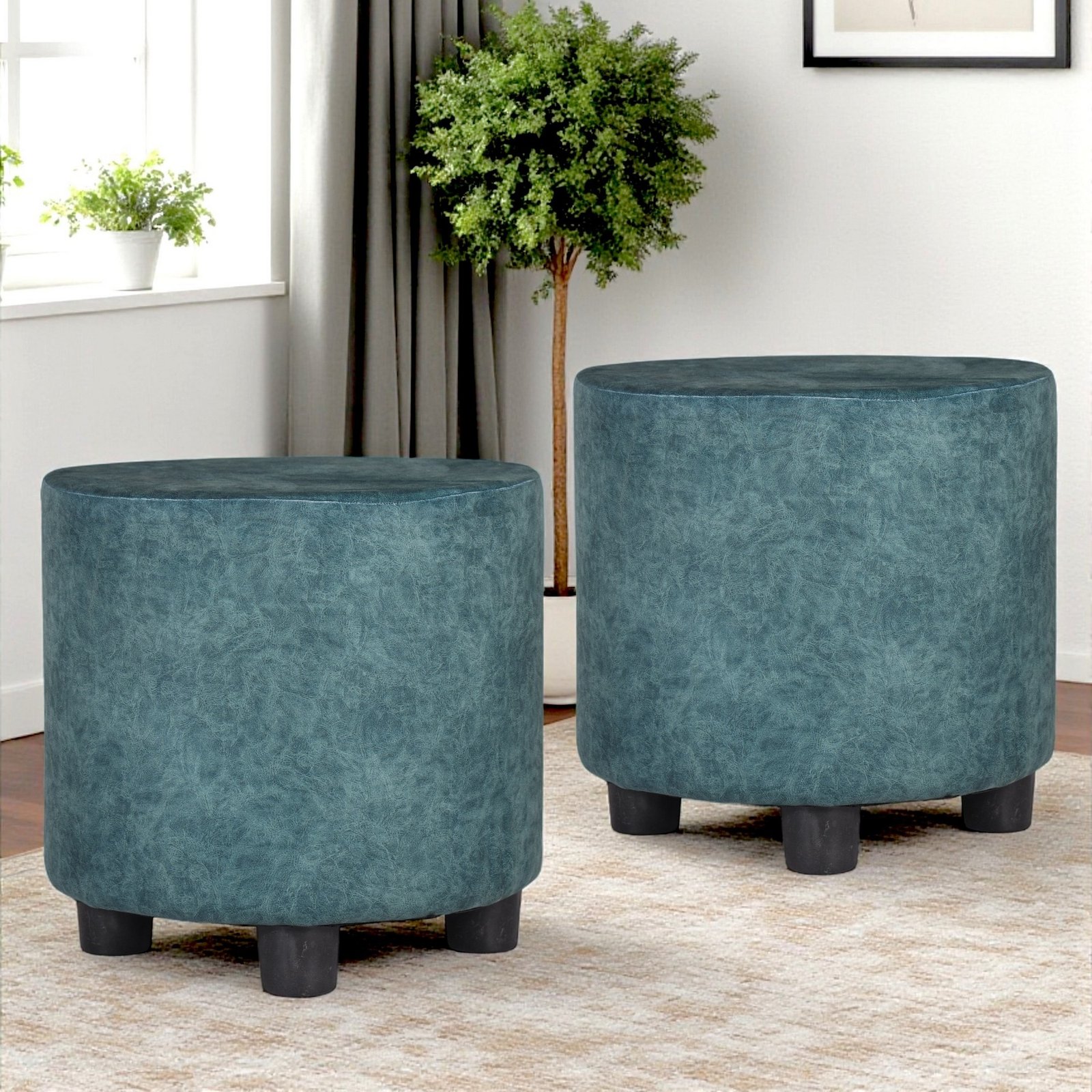 Ikiriya Lisbon Solid Wood Contemporary Round Set of 2 Pouffees in Blue Jacquard Work Fabric Upholstery