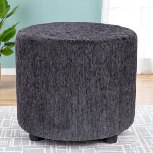 Ikiriya Lisbon Solid Wood Contemporary Round Pouffee in Anchor Grey Mossy Fabric Upholstery