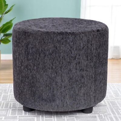Ikiriya Lisbon Solid Wood Contemporary Round Pouffee in Anchor Grey Mossy Fabric Upholstery