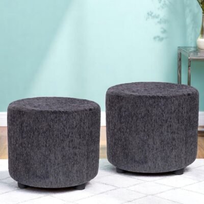 Ikiriya Lisbon Solid Wood Contemporary Round Set of 2 Pouffees in Anchor Grey Mossy Fabric Upholstery