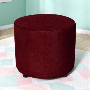 Ikiriya Lisbon Solid Wood Contemporary Round Pouffee in Maroon Mossy Fabric Upholstery