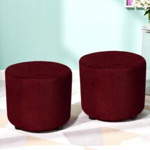 Ikiriya Lisbon Solid Wood Contemporary Round Set of 2 Pouffees in Maroon Mossy Fabric Upholstery