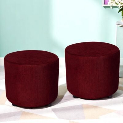 Ikiriya Lisbon Solid Wood Contemporary Round Set of 2 Pouffees in Maroon Mossy Fabric Upholstery